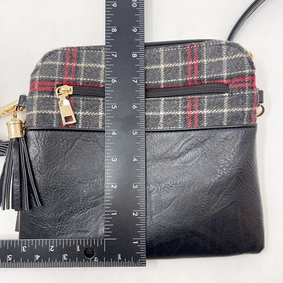Jen & Co Black Gray Red Izzy Plaid Crossbody Bag Vegan Leather Zip Top Pockets - Picture 7 of 10